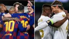 Barcelona and Real Madrid players celebrate