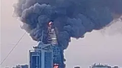 Fire raging at Greater Nile Petroleum Oil Company Tower, Khartoum