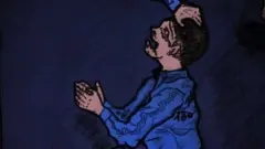 A drawing of a little boy begging