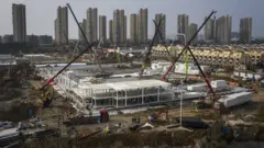 A view of cranes and diggers building Huoshenshan Hospital