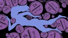 An illustration of a woman swimming through a sea of painkillers