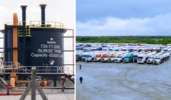 A collage of surge tank and parked trucks