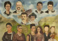 Na parte superior estão os rostos dos avós paternos e maternos. Abaixo deles estão os pais, Guillermo e Matilde. Todos em uma nuvem. Embaixo, sobre um fundo bege e verde, está Frida com suas irmãs e há um bebê desenhado. Alguns rostos estão inacabados