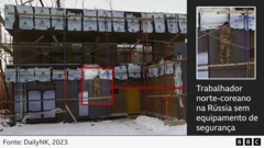 Imagem mostrando um homem norte-coreano trabalhando em um canteiro de obras com neve na Rússia, sem nenhum equipamento de segurança