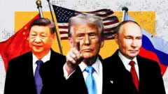 这张设计图描绘了习近平、特朗普和普京分别站在中国、美国和俄罗斯国旗前。特朗普位于画面中央，手指指向镜头，而习近平和普京的目光则略微移开。