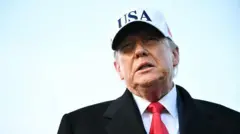 US President Donald Trump speaks to journalists upon returning to Joint Base Andrews in Maryland. He is wearing a white hat with the words USA on it. 