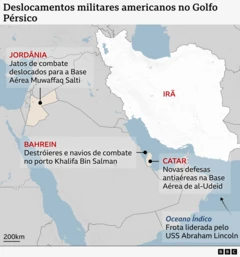 Mapa do Oriente Médio mostrando os recentes desdobramentos militares dos EUA ao redor do Irã, no Golfo. As legendas do mapa indicam que, na Jordânia, caças foram deslocados para a Base Aérea Muwaffaq Salti; no Bahrein, destróieres e navios de combate estão no Porto Khalifa Bin Salman; no Catar, novas defesas aéreas foram instaladas na Base Aérea de al-Udeid. E, no Oceano Índico, uma frota é liderada pelo porta-aviões USS Abraham Lincoln