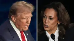 Colagemdafabet 99duas imagens mostra Trump e Harris falando durante o debate