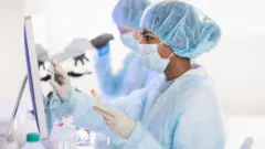 A masked female researcher looking at a computer screen in a lab environment