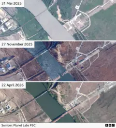 Das am 6. Mai aufgenommene kommentierte Satellitenbild zeigt eine neue Autobahnbrücke, eine bestehende Eisenbahnbrücke, zwei Zufahrtsstraßen und einen Grenzkontrollpunkt.