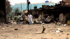 رجل يسير بالقرب من المباني المتضررة في السوق المركزي خلال اشتباكات بين قوات الدعم السريع شبه العسكرية والجيش في الخرطوم بحري، السودان، 27 أبريل/نيسان 2023. 