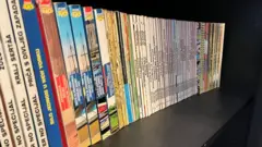 Vários gibis enfileirados em uma prateleira