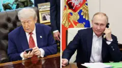 Коллаж из фото Трампа (в Овальном кабинете, держит в руках мобильный телефон) и Путина (на фоне российского флага, говорит по аналоговому телефону).