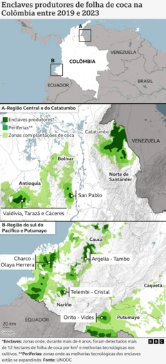 Mapa da Colômbia que mostra os principais enclaves de produção de coca