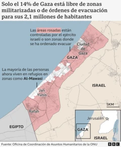 Un mapa que muestra cómo la mayoría de la Franja de Gaza, un 86%, está bajo control militar israelí