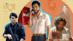 Ilustração mostra papéis que marcaram a carreira de Wagner Moura: da esq. para dir., o Capitão Nascimento (Tropa de Elite), o professor Armando (O Agente Secreto), o narcotraficante Pablo Escopar (Narcos) e o executivo Olavinho (Paraíso Tropical)