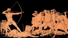 Representação de uma cena de "A Odisseia" na qual Odisseu mata os pretendentes de sua esposa, Penélope