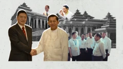 တရုတ်အထူးသံ တိန့်ရွှီကျင်းနဲ့ ဗိုလ်ချုပ်မှူးကြီး မင်းအောင်လှိုင်တို့ လက်ဆွဲနှုတ်ဆက်နေတဲ့ပုံ 