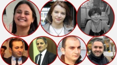 Milli Mətbuat gününü həbsdə qeyd edən media təmsilçiləri solda-sağa, (yuxarıda): Nərgiz Absalamova, Sevinc Vaqifqızı, Elnarə Qasımova Soldan-sağa (aşağıda): Ruslan İzzətli, Ələsgər Məmmədli, Əziz Orucov və Ülvi Həsənli