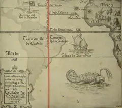 Mapa ilustrado que mostra o Meridiano de Tordesilhas na cor vermelha, separando a América portuguesa da espanhola
