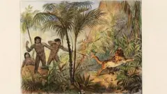 Ilustração de indígenas caçando uma onça