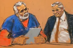 Un dibujo de Ismael Zambada leyendo su declaración junto a Frank Pérez