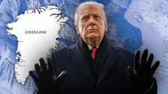 Трамп на фоне Гренландии с руками в перчатках, выставленными вперед