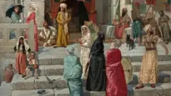 Tabloda tarihi giysili kadın ve erkekler gözüküyor