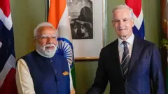 पीएम नरेंद्र मोदी के साथ नॉर्वे के प्रधानमंत्री योनास गार स्टोरे (तस्वीर: 18 मई 2026)