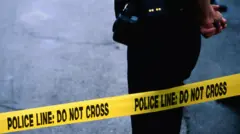 Um policial está atrás de uma fita amarela com a inscrição, em inglês: Local do crime, não atravesse.