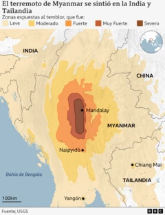 Gráfico de dónde se sintió el terremoto de Myanmar.