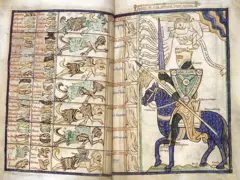 Dos páginas a color del Tratado sobre las Virtudes y los Vicios de William Peraldus con ilustraciones de guerreros.