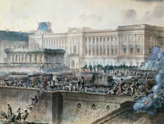 Una pintura de una escena de batalla de la Revolución Francesa frente al palacio del Louvre