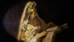 Деталь картины Рембрандта с первосвященником в золотистых одеждах и с книгой в руках