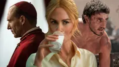 Colagemsport facil apostafotos mostra os atores Ralph Fiennes, Nicole Kidman e Paul Mescal, protagonistas respectivamente dos filmes Conclave, Babygirl e Gladiador 2