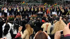 General view during the inauguration ceremony of a rally congregating thousands of representatives of regional social movements at a stadium in Santa Cruz, Bolivia on June 14, 2014