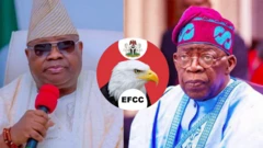 Foto gosiri njiri mara ụlọọrụ EFCC, Gọvanọ Oshun steeti bụ Ademola Adeleke na Onyeisiala Bola Tinubu.