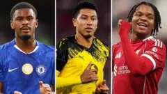 Jorrel Hato - Chelsea (bidix), Jobe Bellingham - Borussia Dortmund (dhexda) iyo Rio Ngumoha - Liverpool