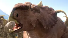 A computer generated image showing a brown Pachyrhinosaur with its sharp mouth open, horns on its head, with others behind it eating vegetation.