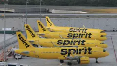 Лайнеры Spirit стоят в ряд на стоянке в аэропорту Флориды