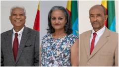 የምርጫ ቦርድ ምክትል ሰብሳቢ አቶ ውብሸት አየለ (ግራ)፣ ብዙወርቅ ከተተ (መሀል) እና ዶ/ር አበራ ደገፉ (ቀኝ)