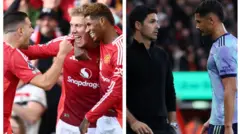 Taphattoota Maanchister Yuunaayitid, [ Dalot, Hooyilaandi fi Raashfoordi] 
 fi Mikel Arteettaa fi Wiiliyaam Saaliibaa [gara mirgaan]