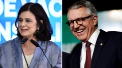 Colagem com fotos de Nísia e Padilha; ambos sorriem