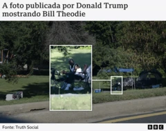 Imagem mostra a foto publicada por Donald Trump, ampliada para mostrar Theodie com uma camiseta branca sem mangas, sentado na grama, em uma cadeira de camping