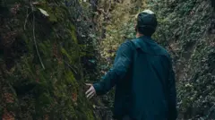 Pessoa caminha entre as árvores, em uma trilha no bosque