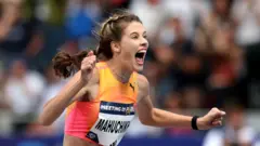 Athletics - Diamond League - Paris - Stade Charlety, Paris, France - July 7, 2024 Ukraine's Yaroslava Mahuchikh celebrates after setting a new world record during the women's high jump