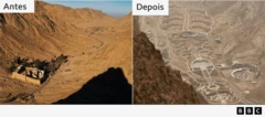 Vista aérea do Monte Sinai: à esquerda, antes da transformação, mostrando a região desértica e isolada; à direita, durante a transformação, com hotéis, vilas e outras construções em andamento.