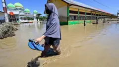 Seorang perempuan berjalan melalui banjir di Meureudu, Pidie Jaya, pada 30 November 2025.