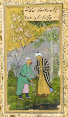 Saadi com outro homem, ambos vestidos com túnicas, de pé em um jardim com flores e folhagens