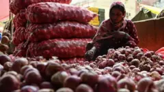 Mulher com várias cebolas colocadas no chão, aparentemente em mercado popular